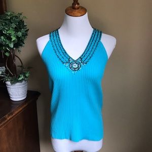 NWOT Turquoise top with beautiful beaded neckline